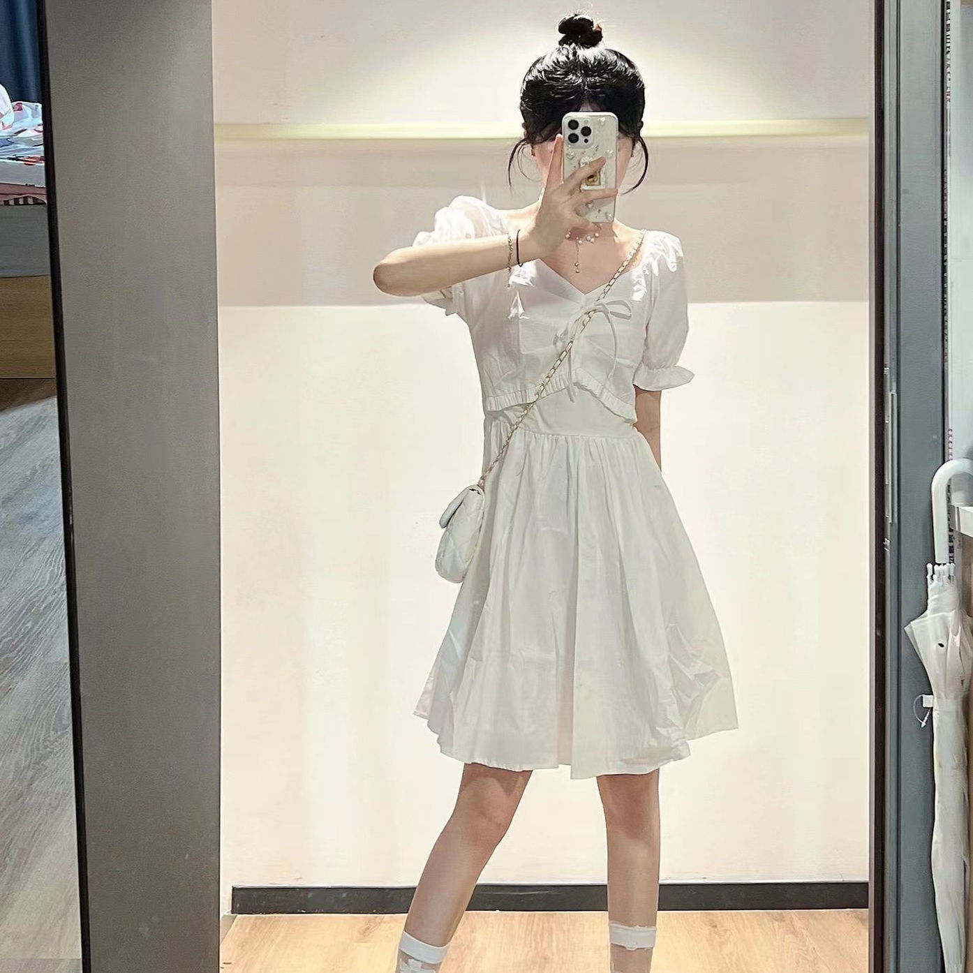 French design puff sleeves square collar white dress female student summer Korean version waist slimming a-line skirt