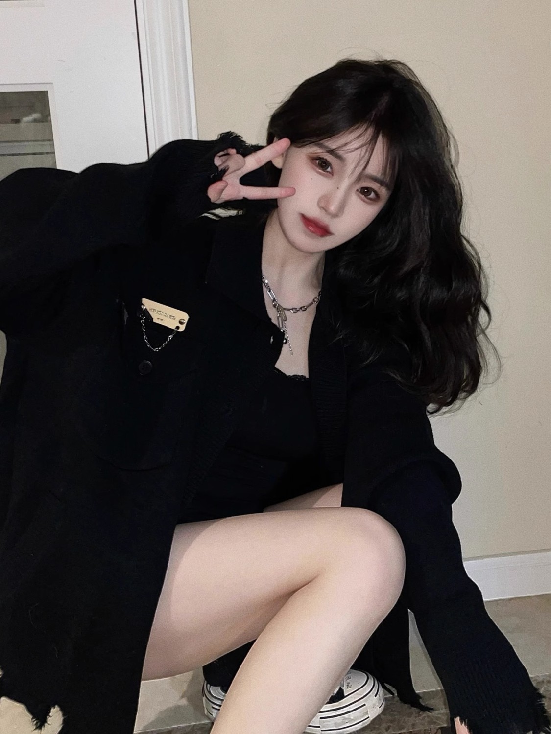 慵懶風復古黑色不規則角邊毛衣開衫女學院秋冬韓版寬鬆針織衫外套