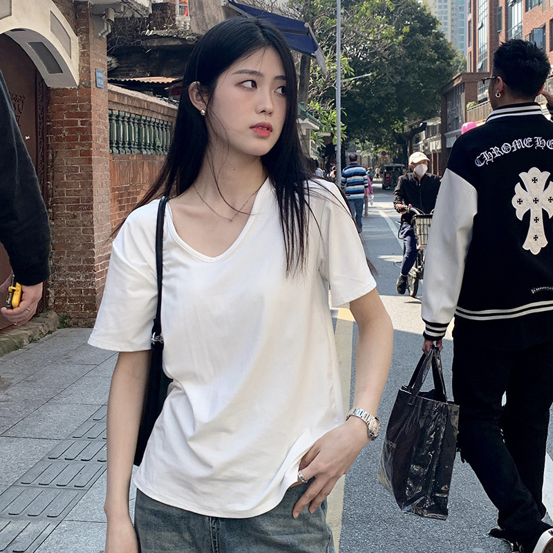 2023 new white front shoulder short-sleeved t-shirt women's summer loose lazy wind bf chic casual all-match top tide