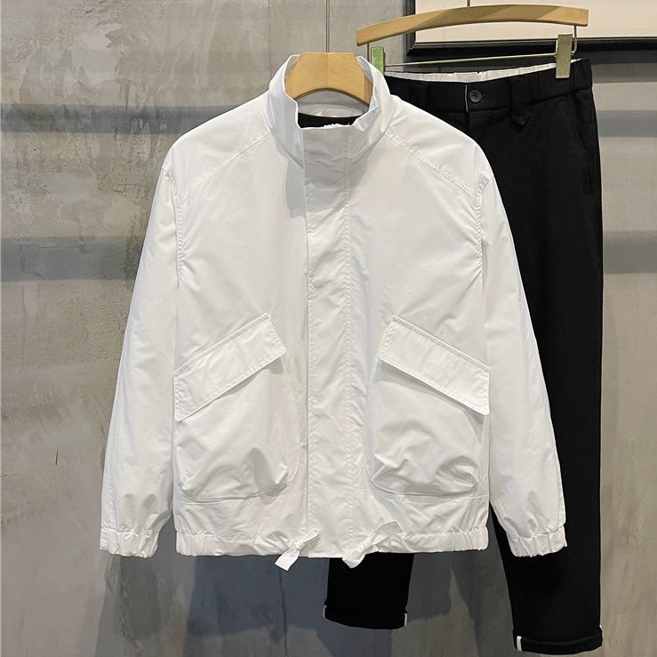 2022 autumn new solid color tooling jacket men's trendy Korean version hooded clean version all-match short slim jacket