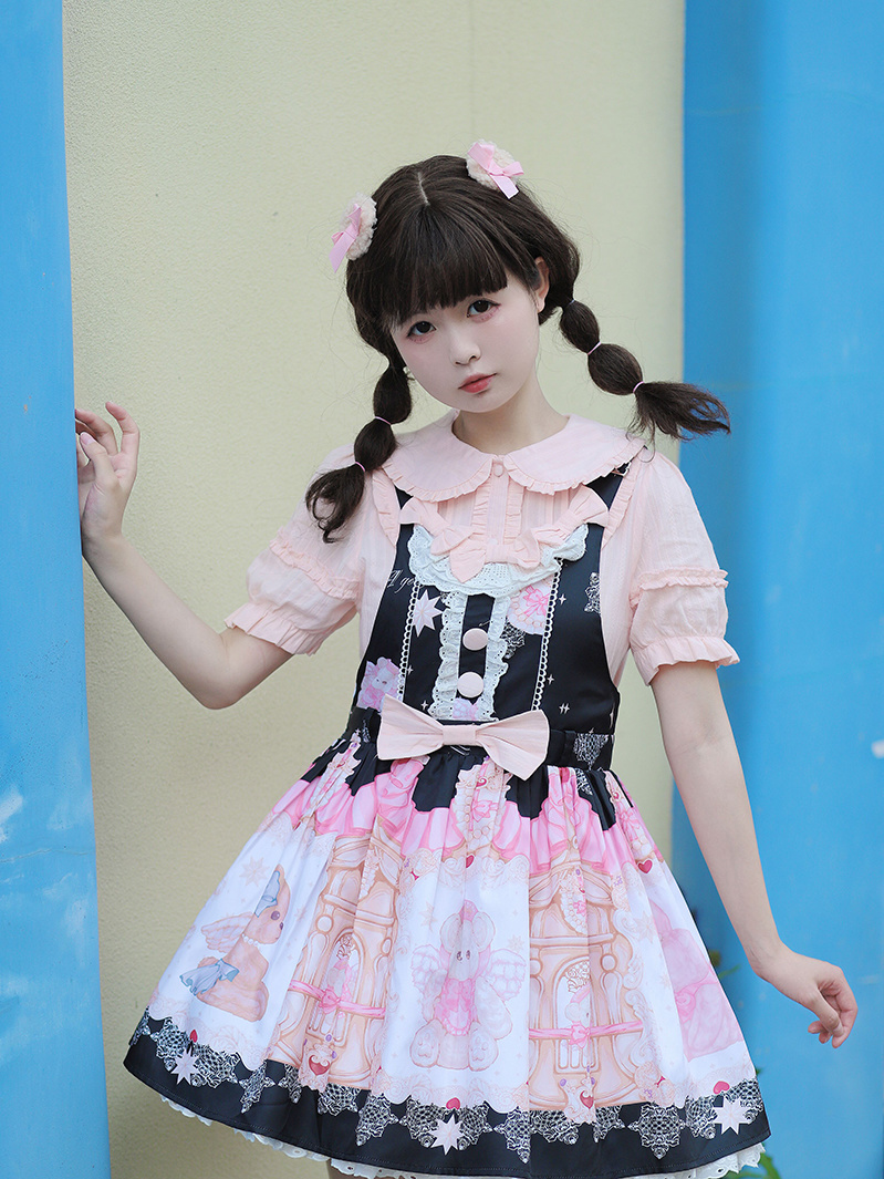 天使熊lolita夏裝少女學生襯衣上衣短袖洛麗塔甜美可愛提花棉襯衫