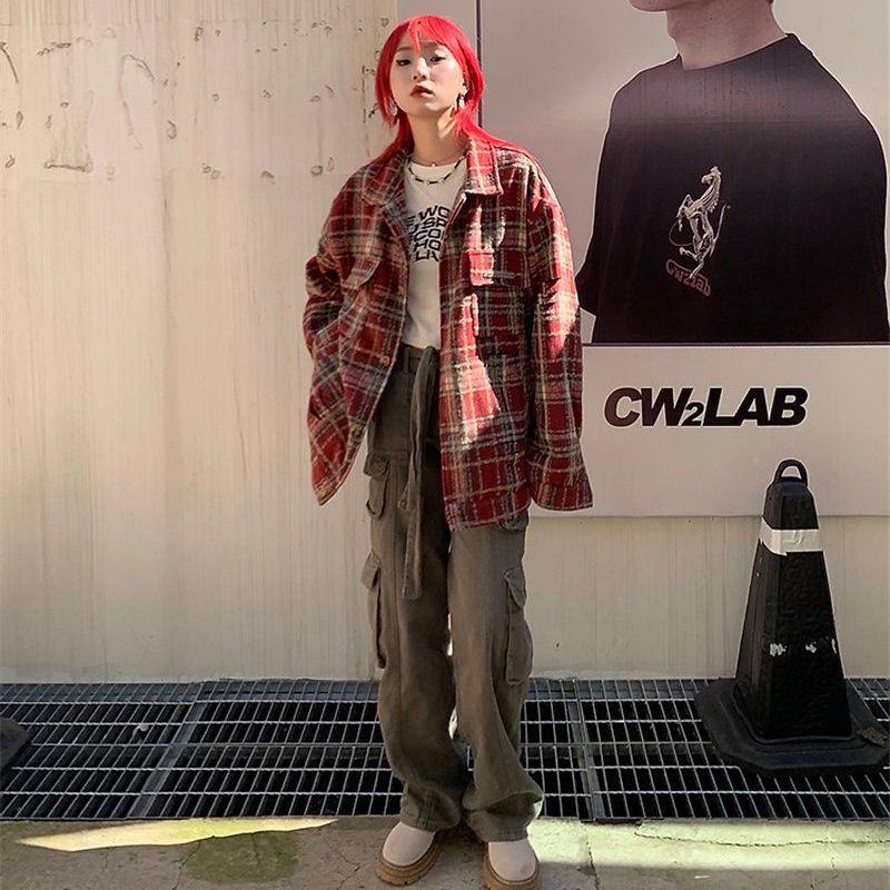 Ripped red plaid woven small fragrance jacket female ins autumn grab new retro American jacket student top