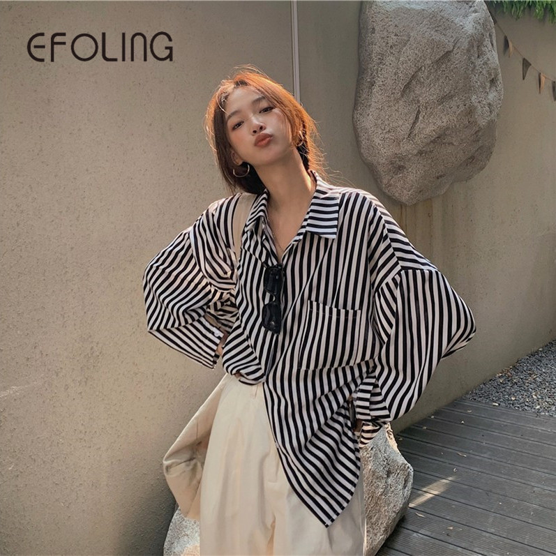 EFOLONG復古條紋襯衫女外套夏新款2023韓版小眾寬鬆襯衣長袖外搭