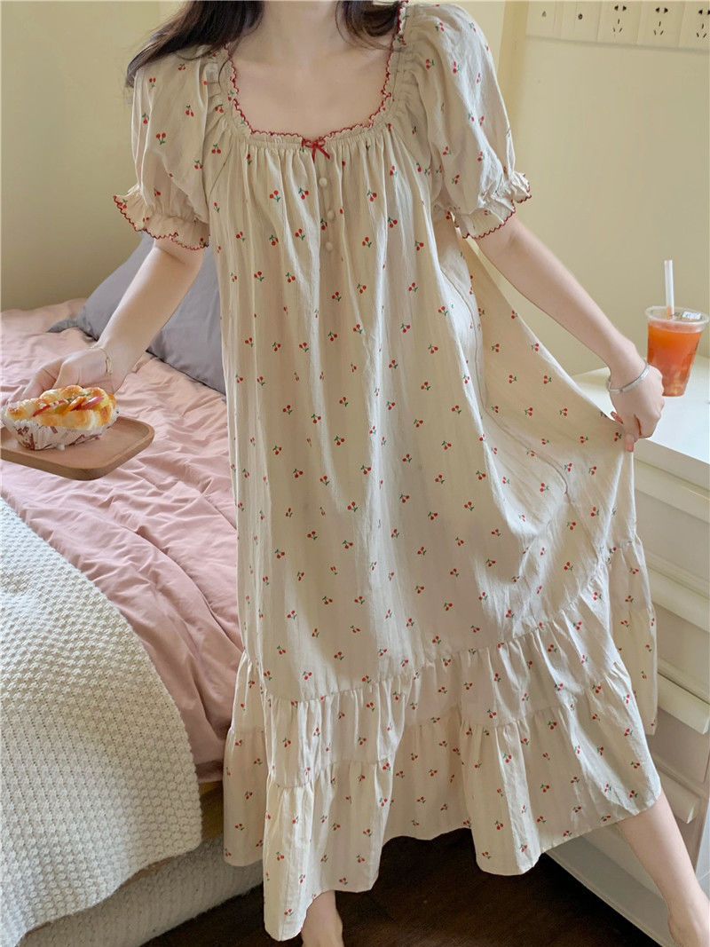 Nightdress female summer 2023 new ins sweet hit color cherry bow thin section short-sleeved pajamas home clothes trend