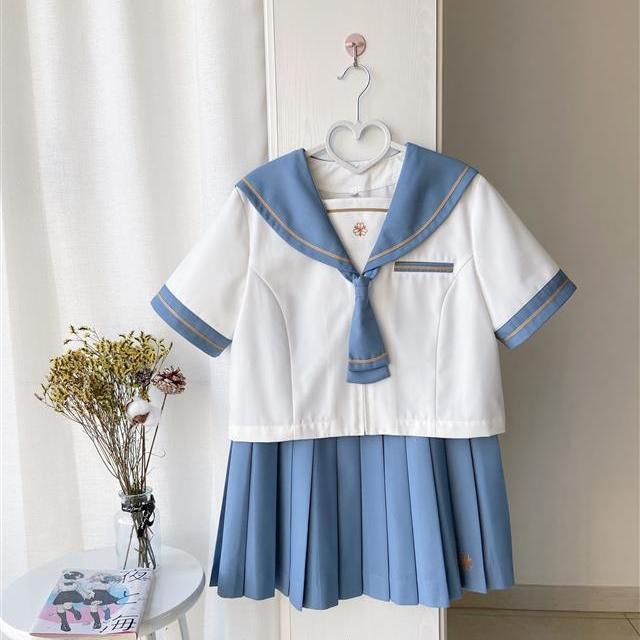 Jk原创桜时川水手服女学生夏服短袖jk制服套装日系百褶裙正统 虎窝拼