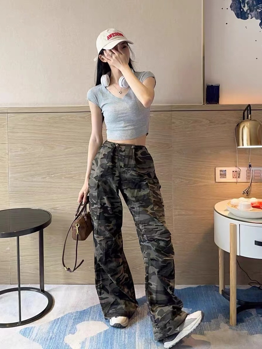 迷彩牛仔褲女遮肉寬鬆拖地長褲闊腿秋冬季日系直筒跳舞爵士百搭潮