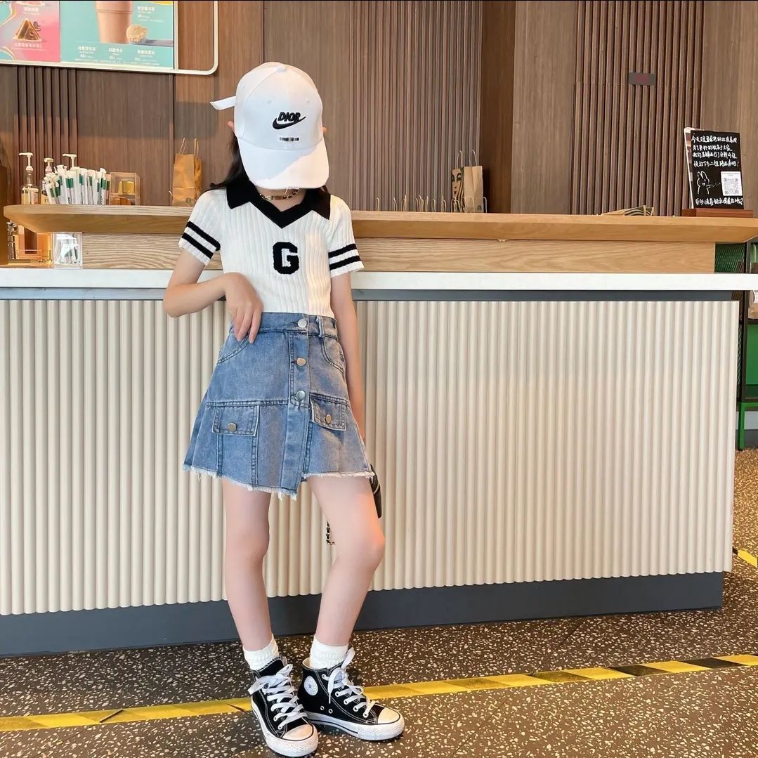 女童夏装套装poloT恤牛仔短裤裙夏季时尚韩版运动洋气两件套