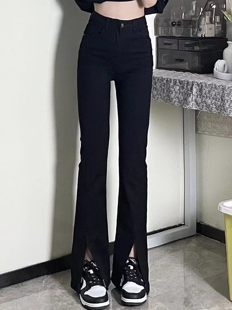 黑色彈力微辣牛仔褲女開叉春秋季大碼胖mm高腰顯瘦設計感拖地褲子