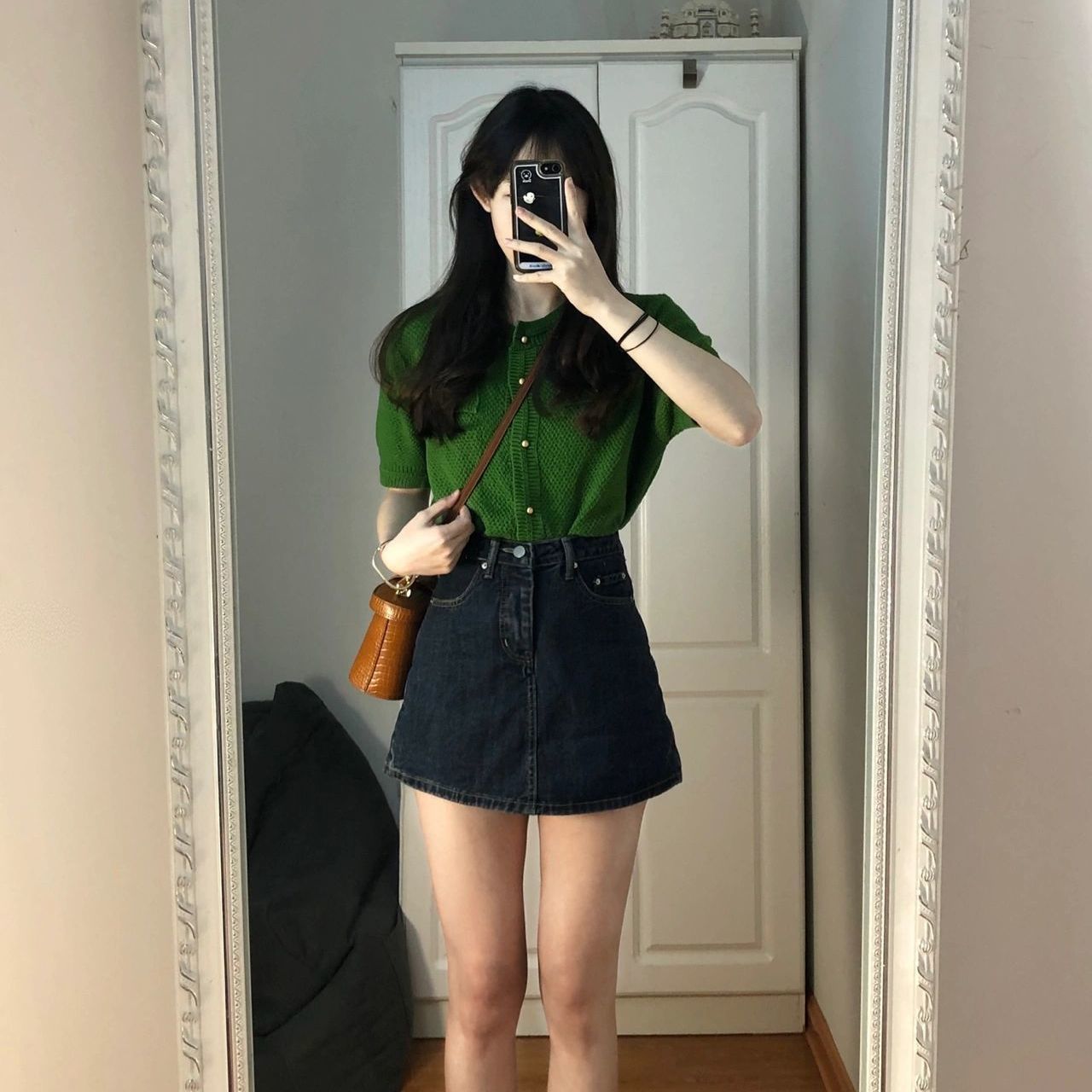Two-piece suit/one-piece summer style light familiar style knitted cardigan short-sleeved top women's high waist denim A-line skirt