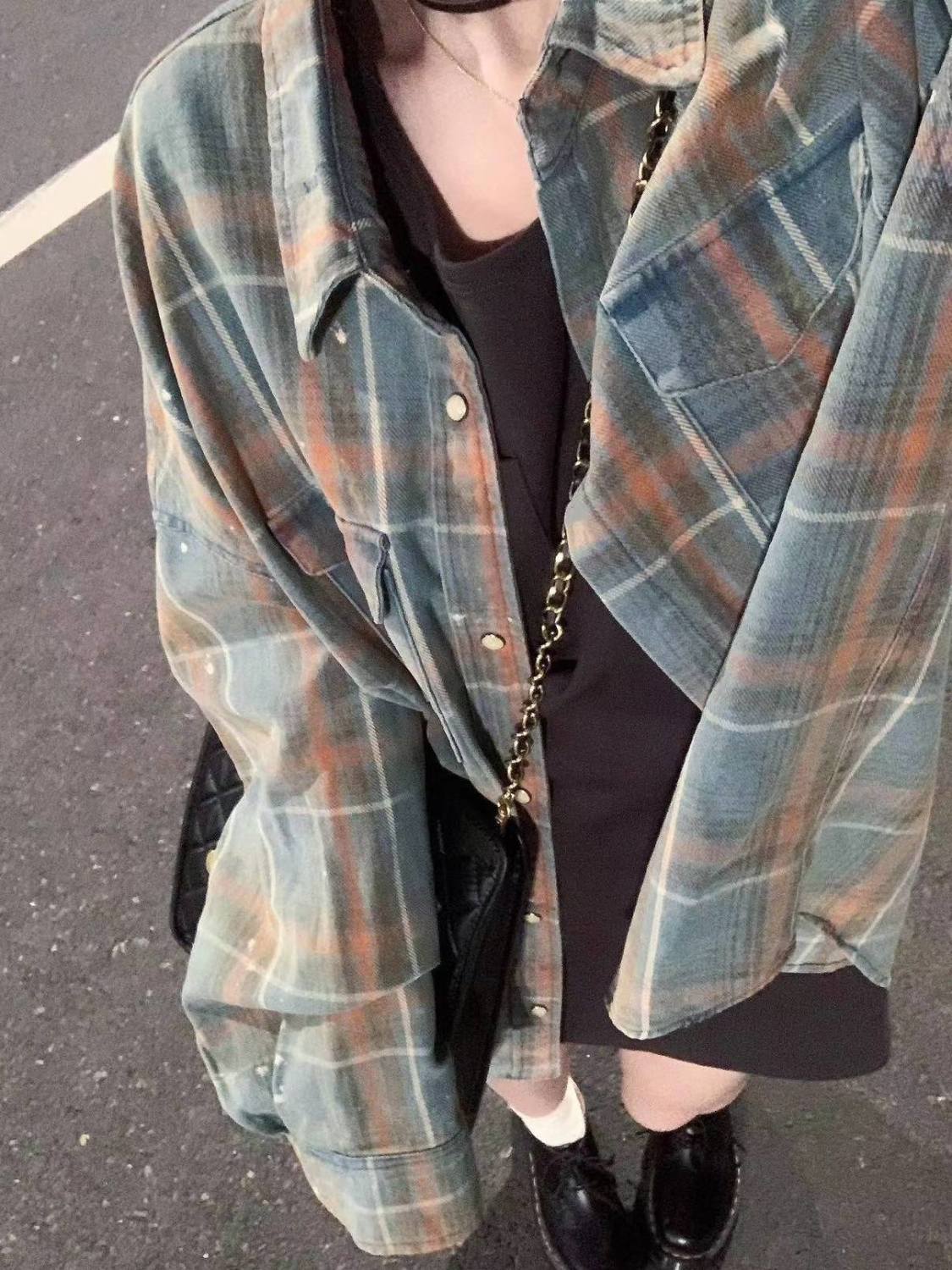 港風復古薄款格子襯衫女寬鬆休閒中長款襯衣防曬開衫簡約通勤上衣