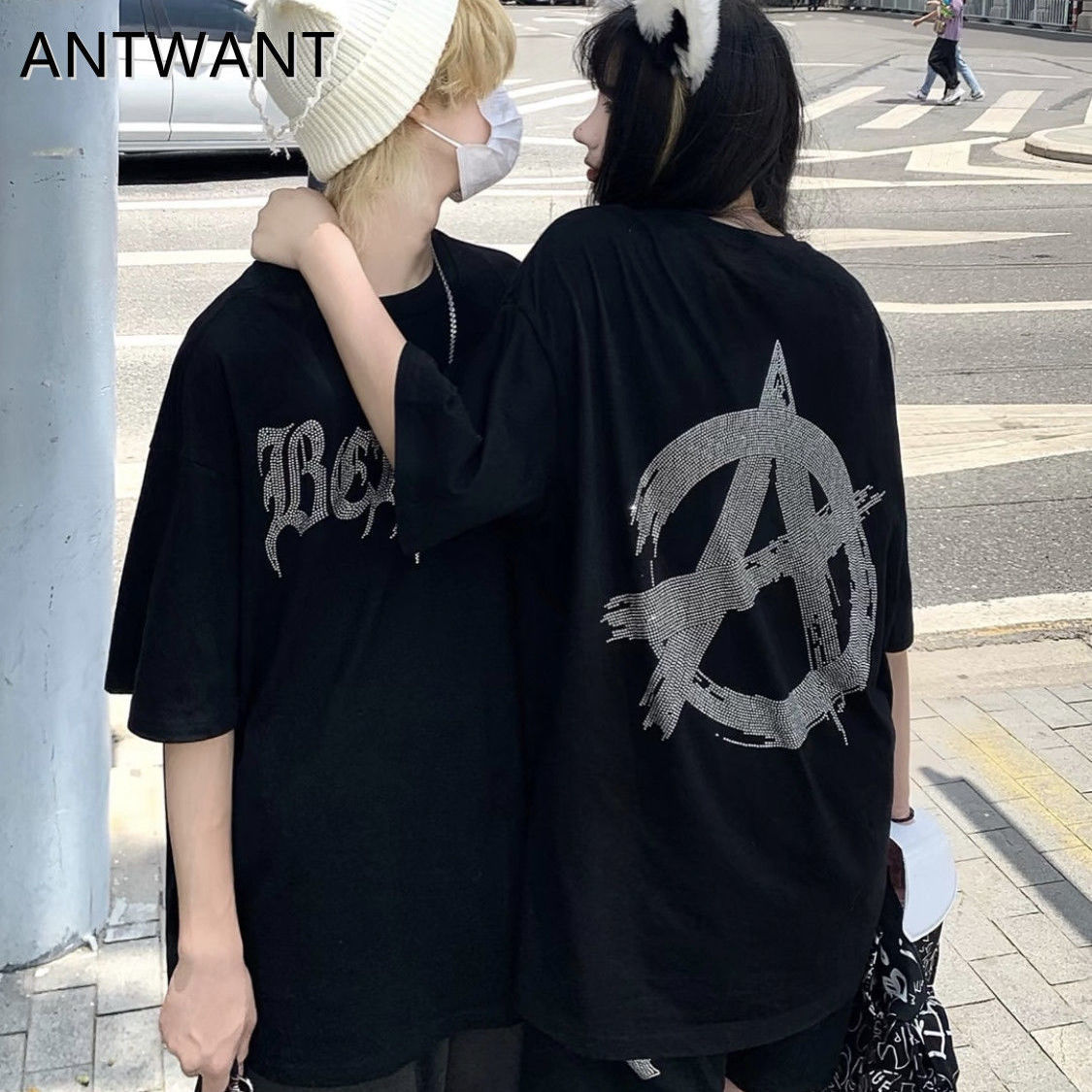 ANTWANT2022新款夏純棉燙鑽小眾情侶嘻哈美式復古個性街頭潮牌T恤