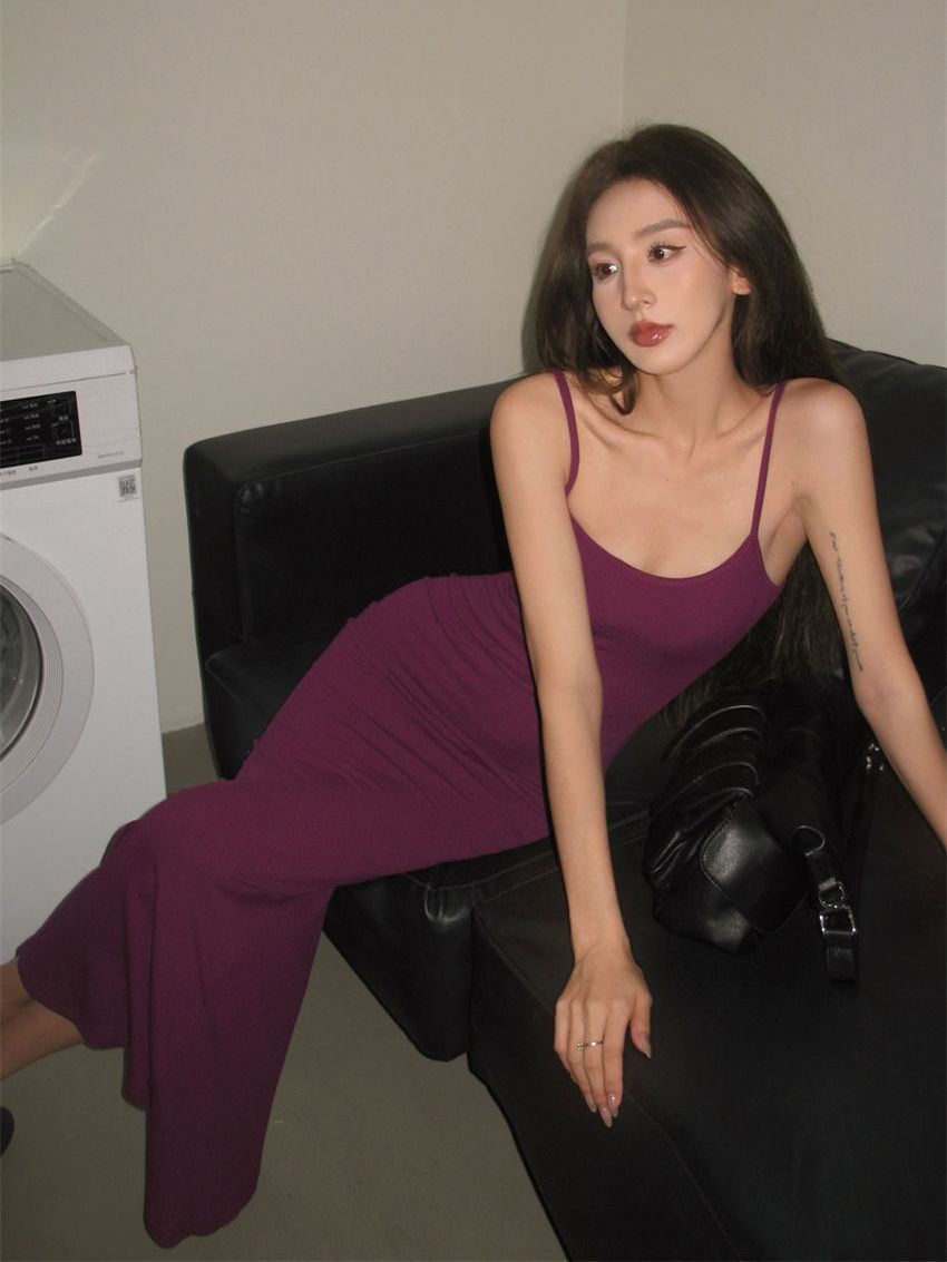 Purple suspender dress for women summer slim fit hot girl fishtail long skirt European and American waist-cinching sexy hip-hugging skirt