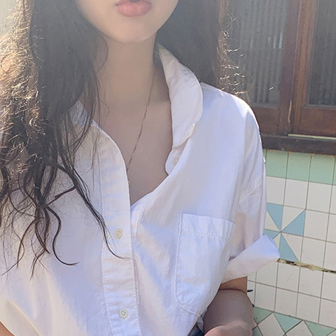 Pure cotton white shirt short-sleeved Hong Kong style temperament white shirt summer polo shirt top French design sense niche style