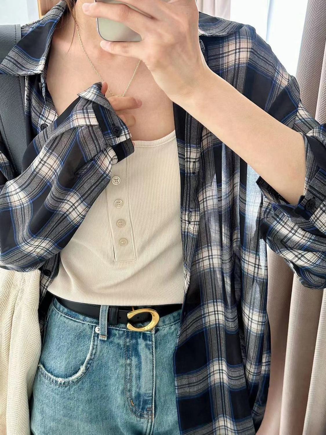 2023夏季輕薄款藍黑色格子襯衫外穿女簡約通勤寬鬆百搭襯衣防曬衫