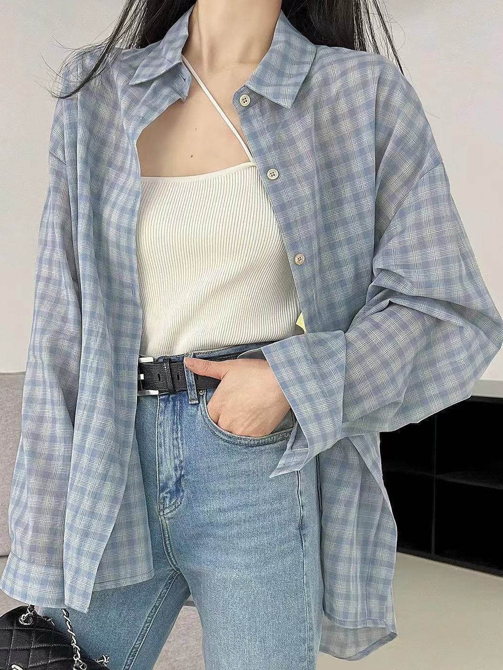 2023夏季輕薄復古時尚藍灰色格子襯衫外穿女法式高檔襯衣防曬開衫