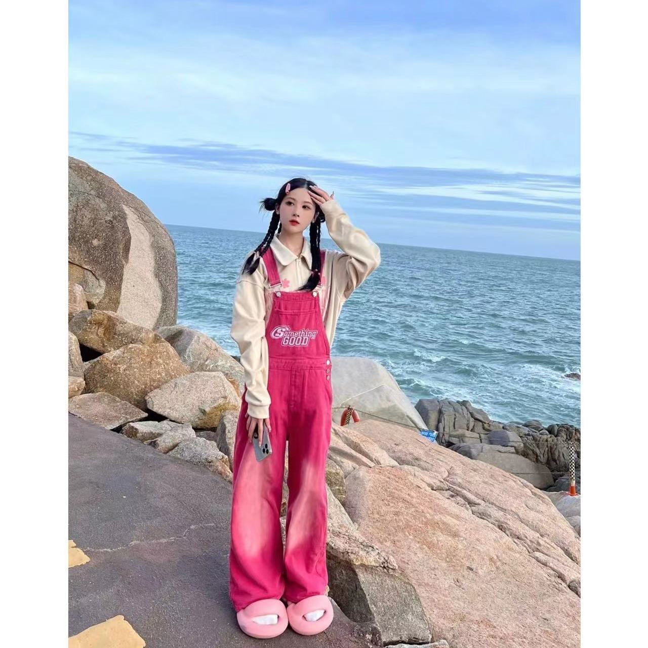 American style rose red denim overalls women's summer thin section retro high street design sense embroidery niche straight jumpsuit
