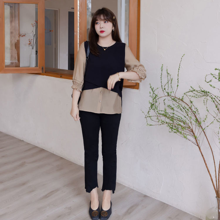 Large size women's tops 2023 spring and autumn new temperament loose and thin cover belly cover meat fake two pieces fat mm chiffon shirt
