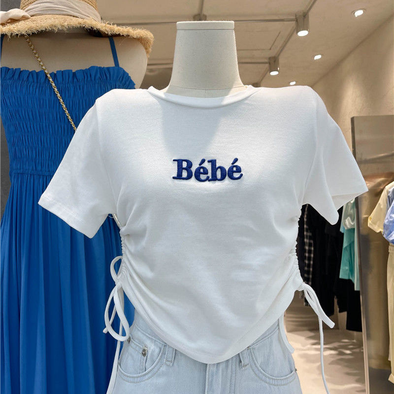 Short-sleeved t-shirt women's 2021 summer new Korean version of ins trendy embroidery letters pleated drawstring design short top
