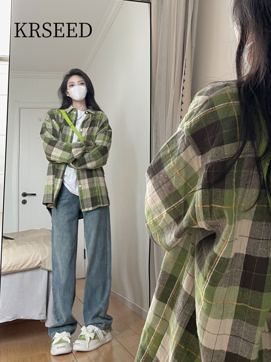 KRSEED美式復古綠色格子襯衫女春秋新款設計感小眾寬鬆防曬襯衣女