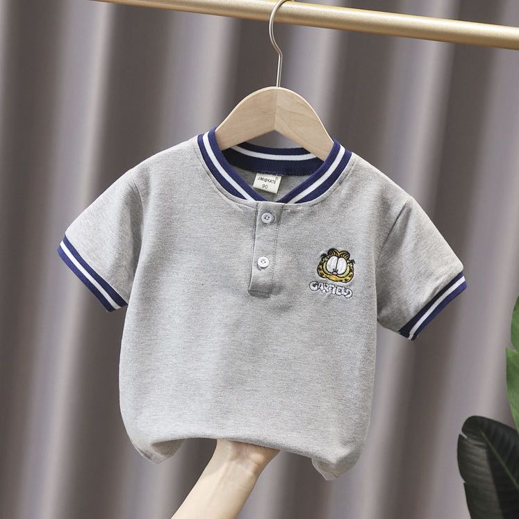 Cotton short-sleeved baby boy 2022 summer new embroidered Garfield polo shirt lapel top thin bottoming shirt