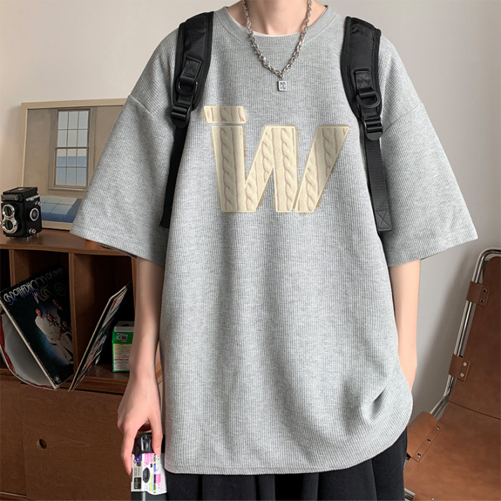圣吉卡丹 美式复古华夫格短袖t恤高街男夏季潮牌青少年学生半截袖