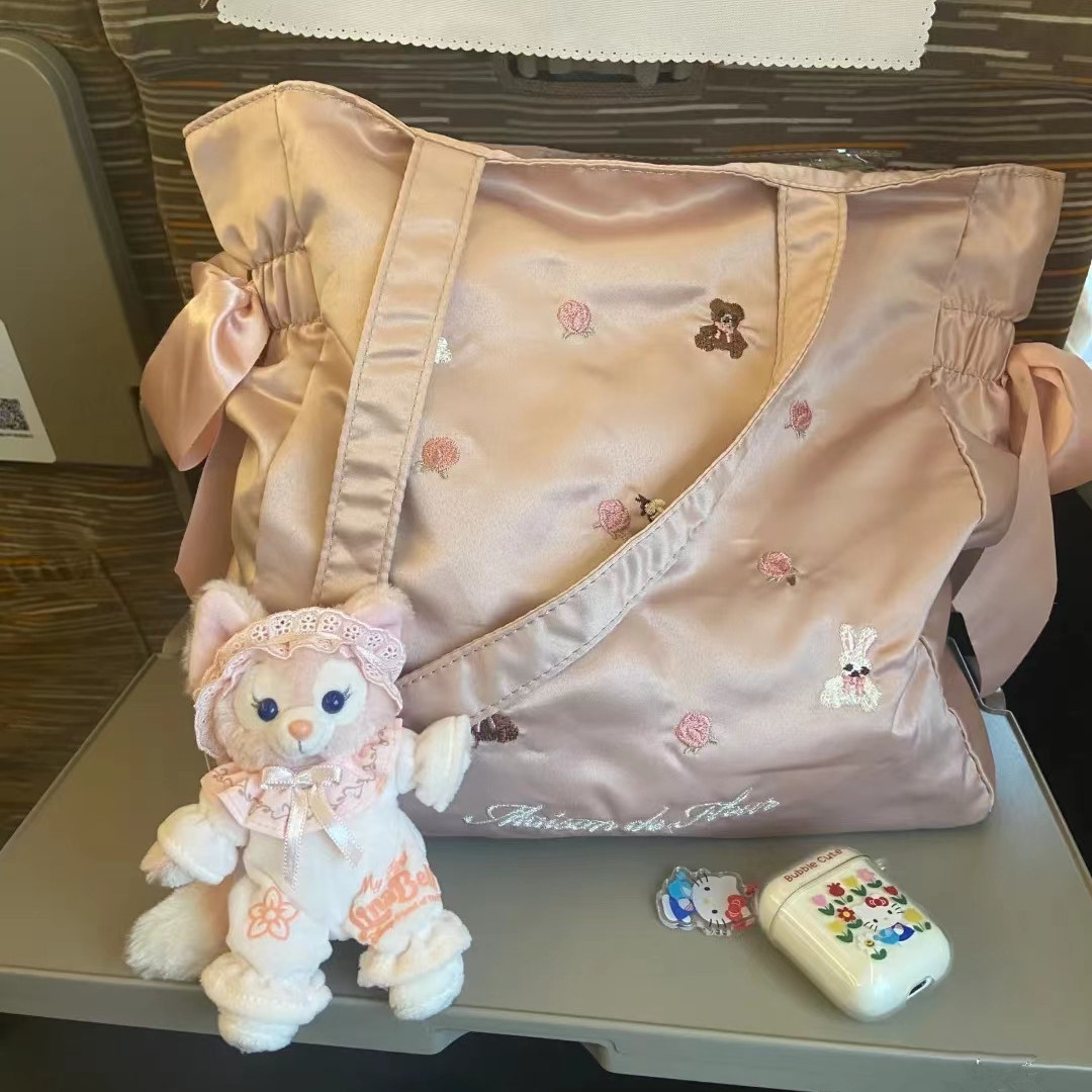 日系大號兔熊刺繡新款蝴蝶結手提包2023新款少女風單肩包托特包