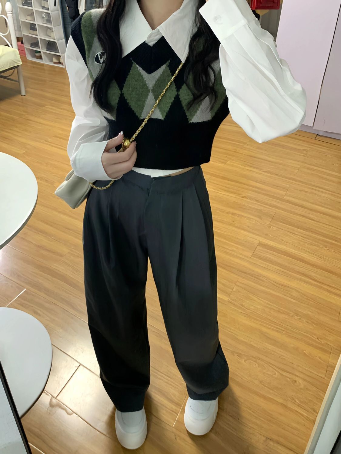 秋季套裝V領刺繡格紋短款背心修身上衣套頭馬甲長袖襯衫兩件套女