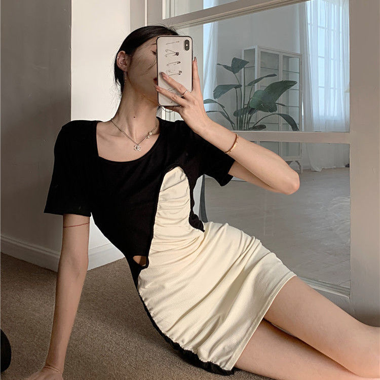 Irregular Hollow Dress Women's Summer 2022 New Slim Fit Pure Desire Stitching Fold Temperament Package Hip Short Skirt
