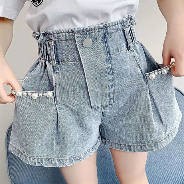 Middle and primary school girls' hot pants, thin summer denim shorts, princess-style high-waisted casual shorts for outer wear
