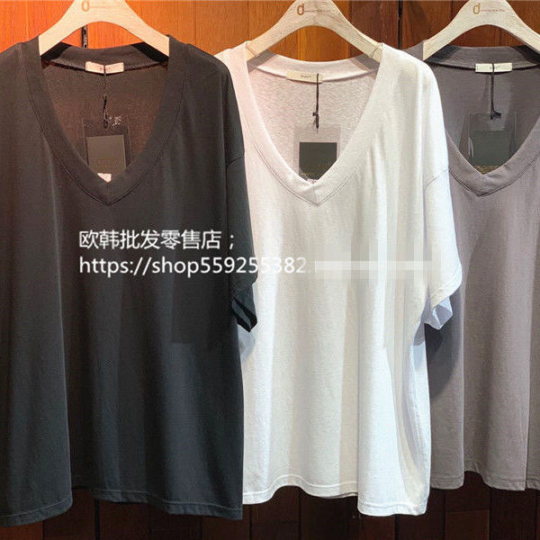 2022 summer Korean version simple style self-retaining loose short-sleeved V-neck large version half-sleeved mid-length T-shirt women's top ins