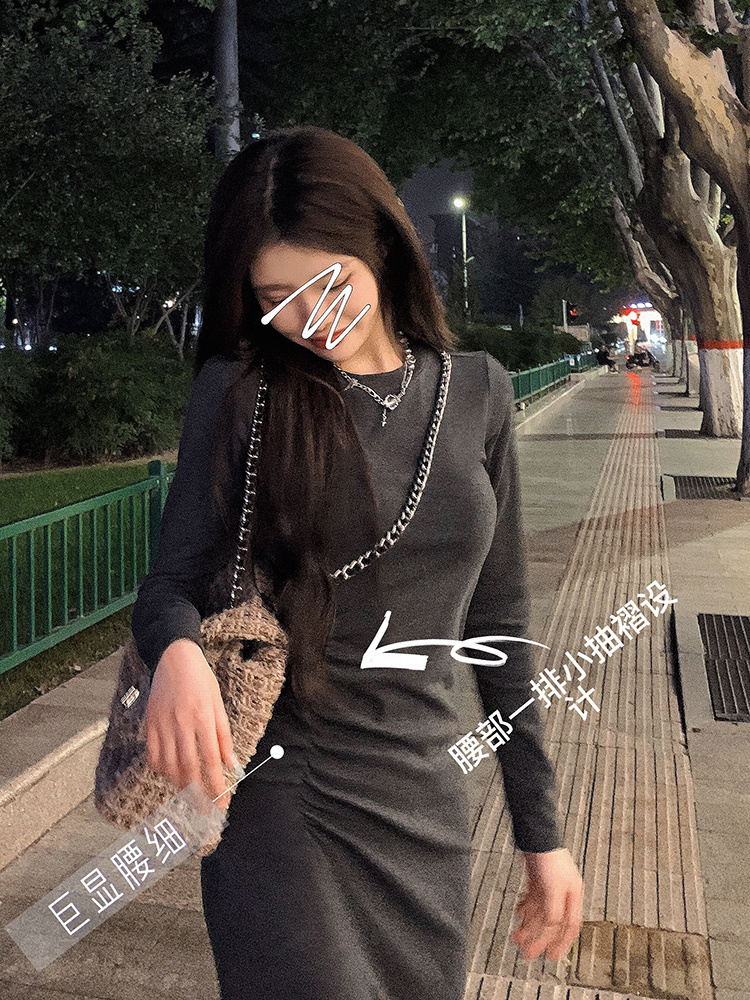 Xiaozi tall and long temperament royal sister French waist pleats casual inner bottoming t-shirt dress female