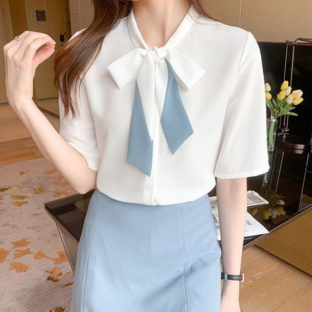 White shirt women's short-sleeved Korean style contrasting ribbon bow top summer new interview professional shirt