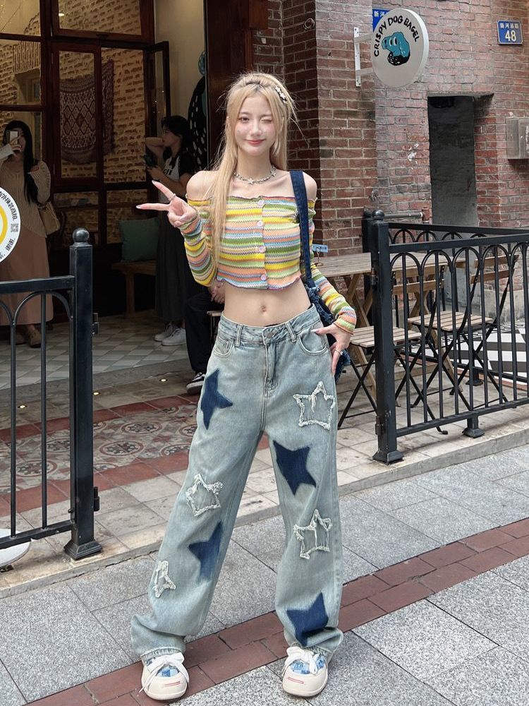 美式復古高腰直筒拖地褲子闊腿星星貼布刺繡撞色牛仔褲女2023新款