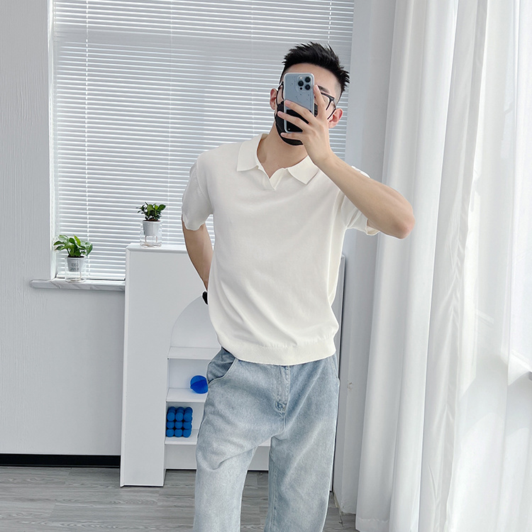 High-end light luxury ice silk short-sleeved T-shirt for men in summer, thin lapel shirt, casual collared men's summer pure cotton T-shirt