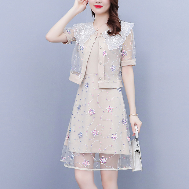 夏季大码套装裙韩版宽松遮肚蕾丝短袖胖mm网纱拼接连衣裙两件套