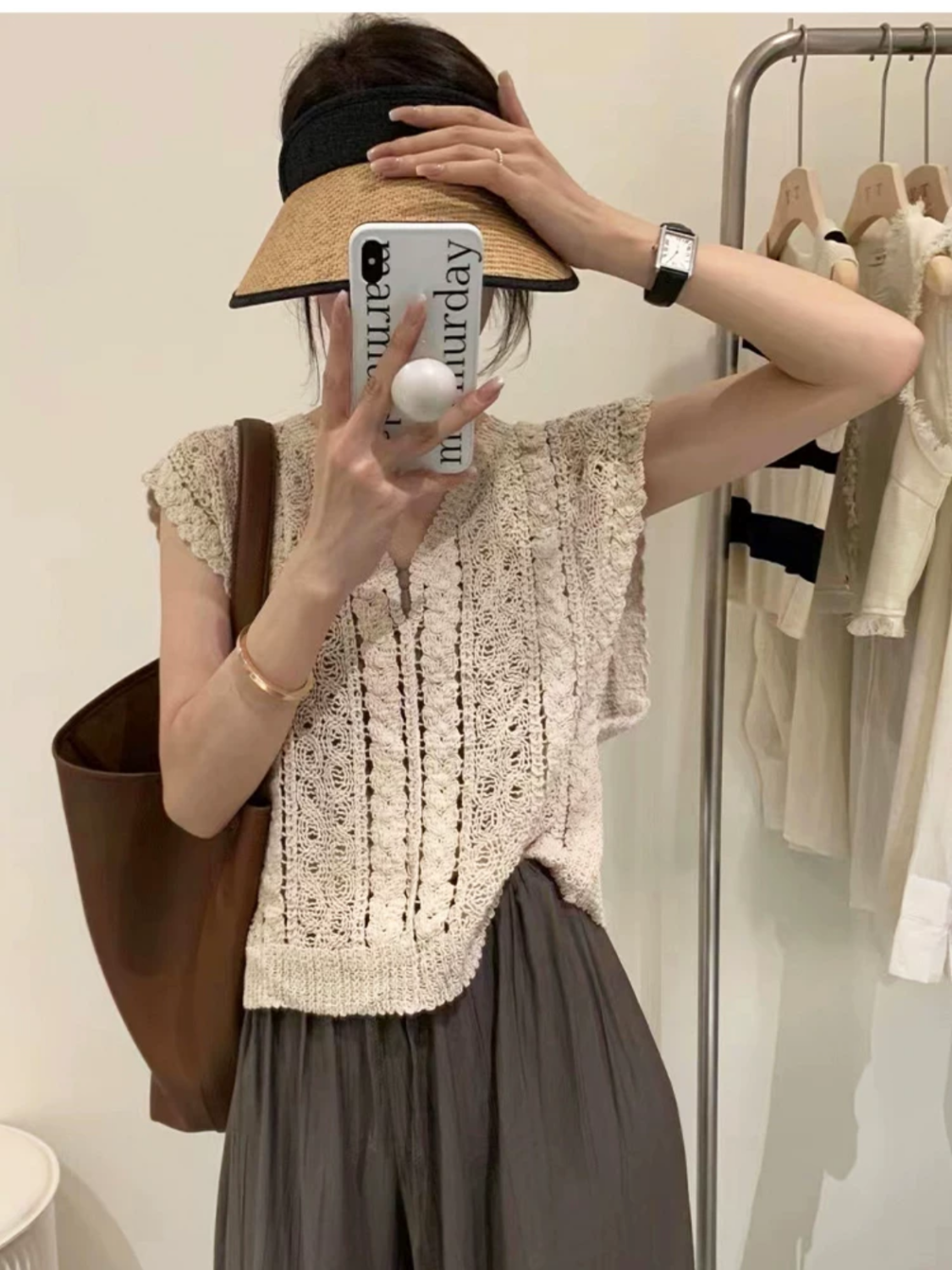 韓系學院甜美編織鏤空V領針織背心馬甲女洋氣套頭寬鬆上衣夏兩件