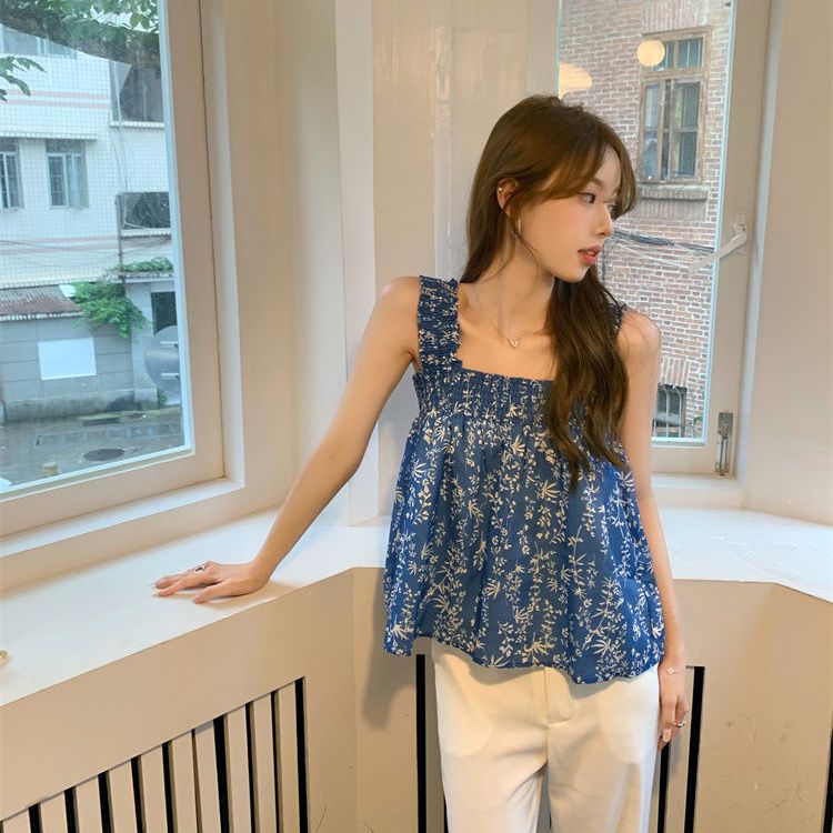 French chic blue floral camisole women's outerwear sweet sleeveless square collar loose hot girl summer outerwear