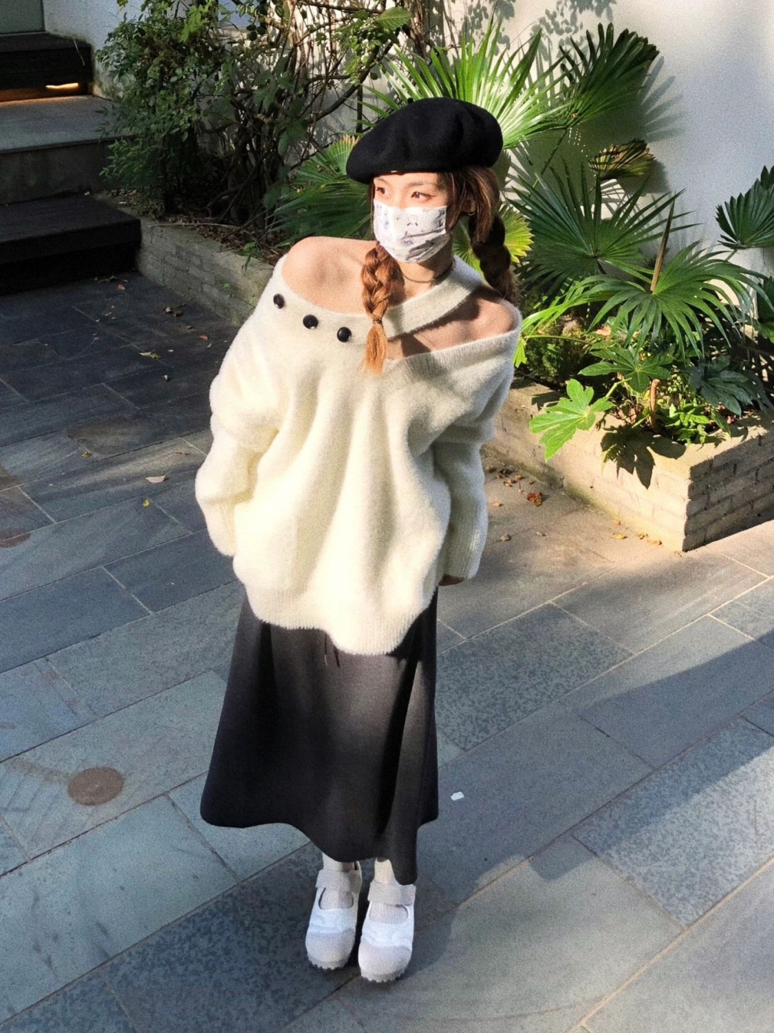 甜辣慵懶風毛針織衫女秋季寬鬆一字領長袖毛衣小眾設計感露肩上衣
