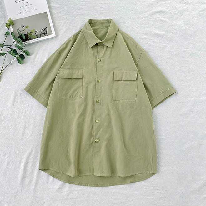 Summer solid color short-sleeved shirt men's loose Japanese workwear five-quarter sleeve top Hong Kong style all-match trendy half-sleeved shirt