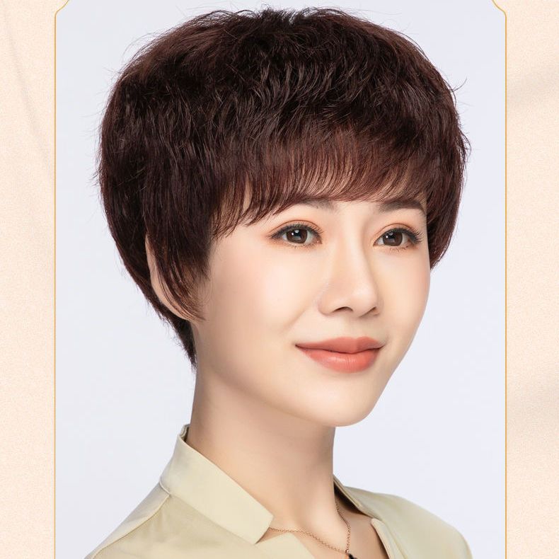 假发女短发妈妈真发全头套式女士中老年真人发丝全真发套自然发型