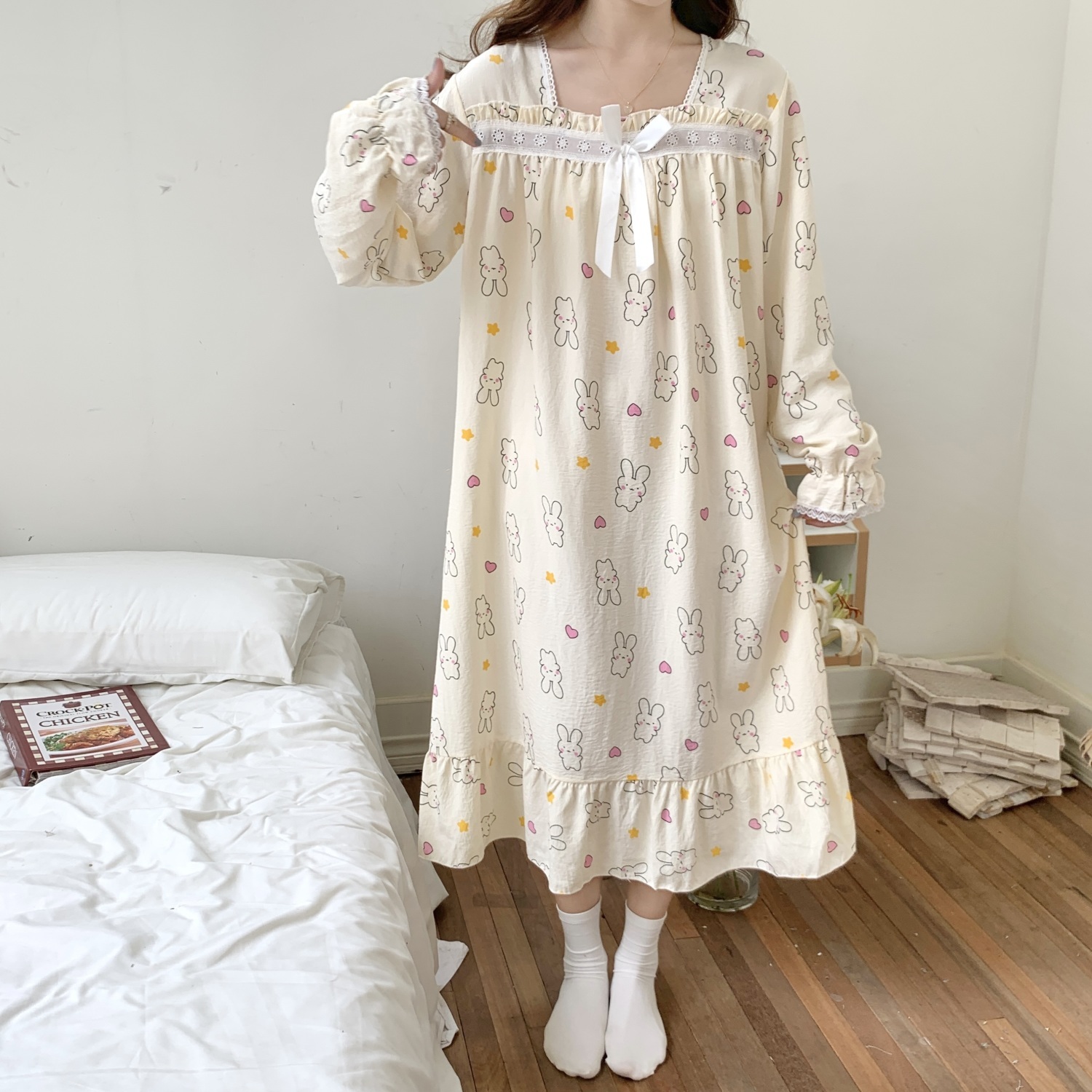 長袖睡裙女款春秋季純棉薄款方領甜美可愛高級感網紅風睡衣家居服