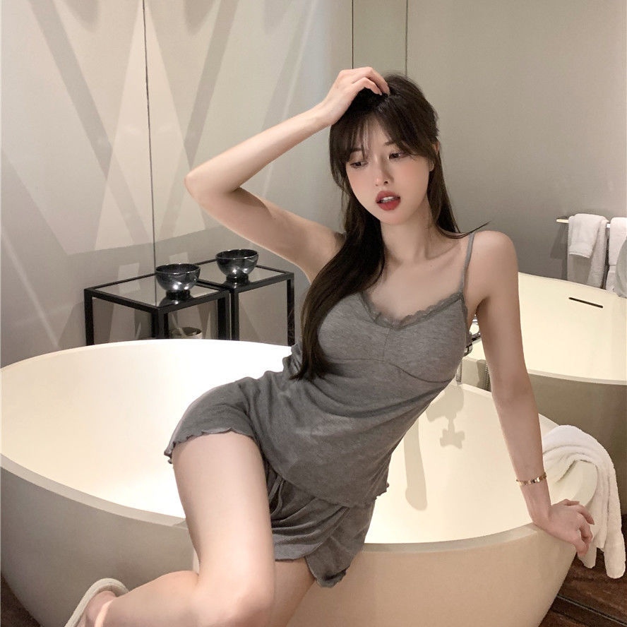 Pajamas set with chest pad women's summer Korean fashion thin section pure desire style sexy vest casual shorts three-piece set