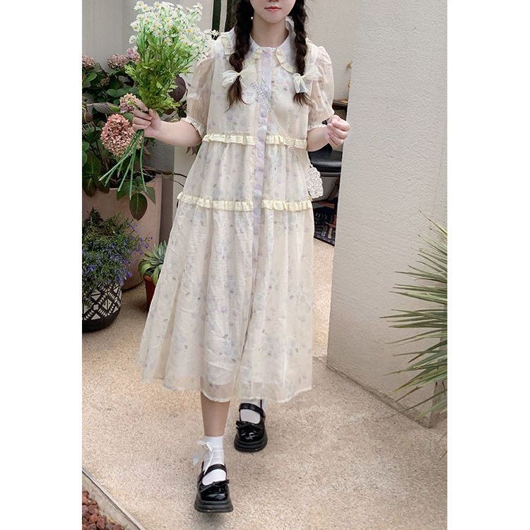 Fresh small flower print dress female summer  new puff sleeve doll collar wood ear stitching floral skirt