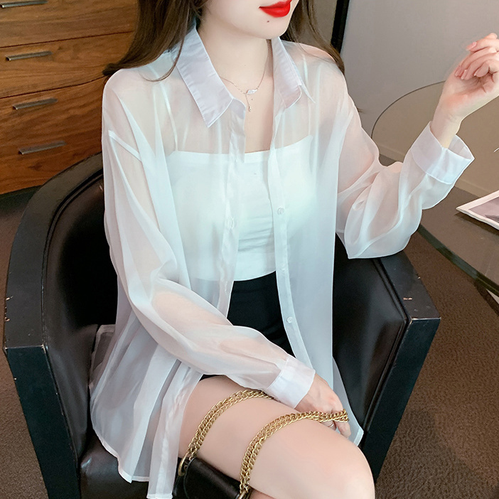 Chiffon sun protection clothing summer new thin slightly see-through cardigan high-end chic design shirt tops for women