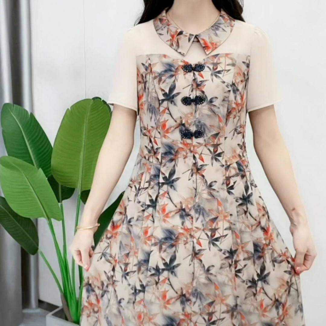 Le Lisi improved cheongsam skirt 2023 new women's summer doll collar age-reducing maple leaf flower retro style skirt