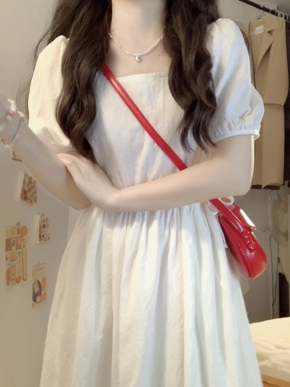 Sweet preppy style drawstring first love little white skirt Korean version super fairy slim puff sleeves square neck dress female students