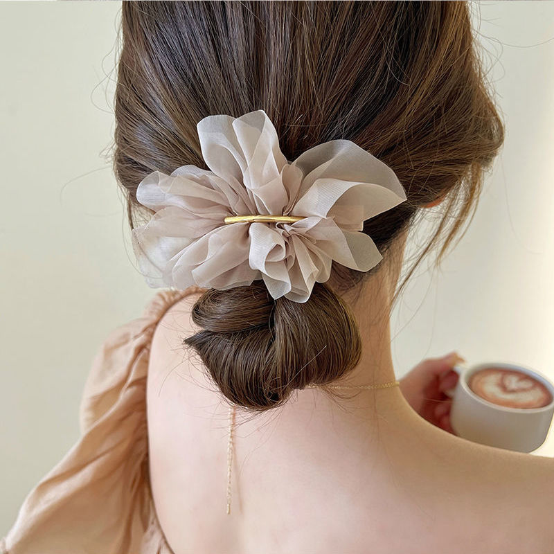 Super fairy temperament chiffon flower hairpin for women in summer ponytail clip on the back of the head, high-end simple spring clip