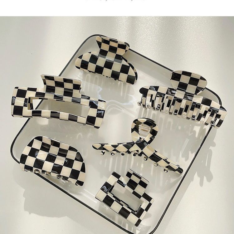 黑白棋盤格抓夾髮夾高級感後腦勺發卡女鯊魚夾子頭飾韓國ins發抓