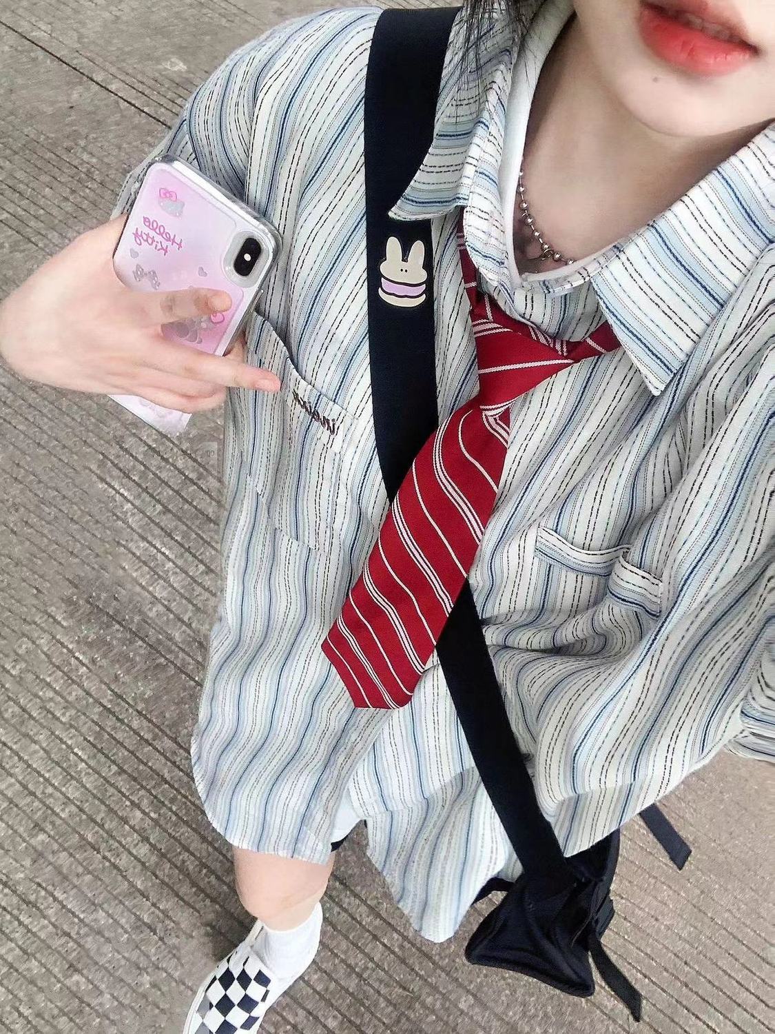 2023夏季薄款條紋襯衫短袖女寬鬆休閒情侶款刺繡襯衣外穿百搭上衣