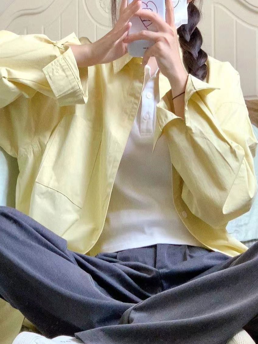 2023新款多巴胺顯白奶黃色純棉襯衫女日系小清新寬鬆百搭顯瘦襯衣
